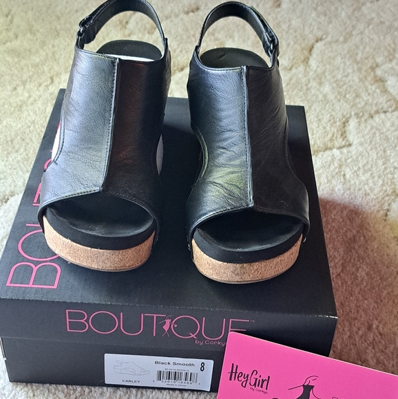 Corkys Black Wedge Sandals with Cork Midsole - Picture 2 of 5